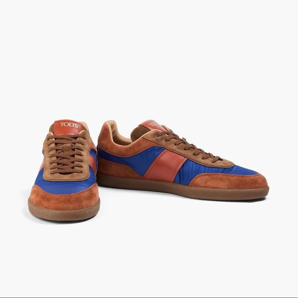 Tod's Brown Blue Suede Nylon Low Top Retro Sneakers Men's Size 10